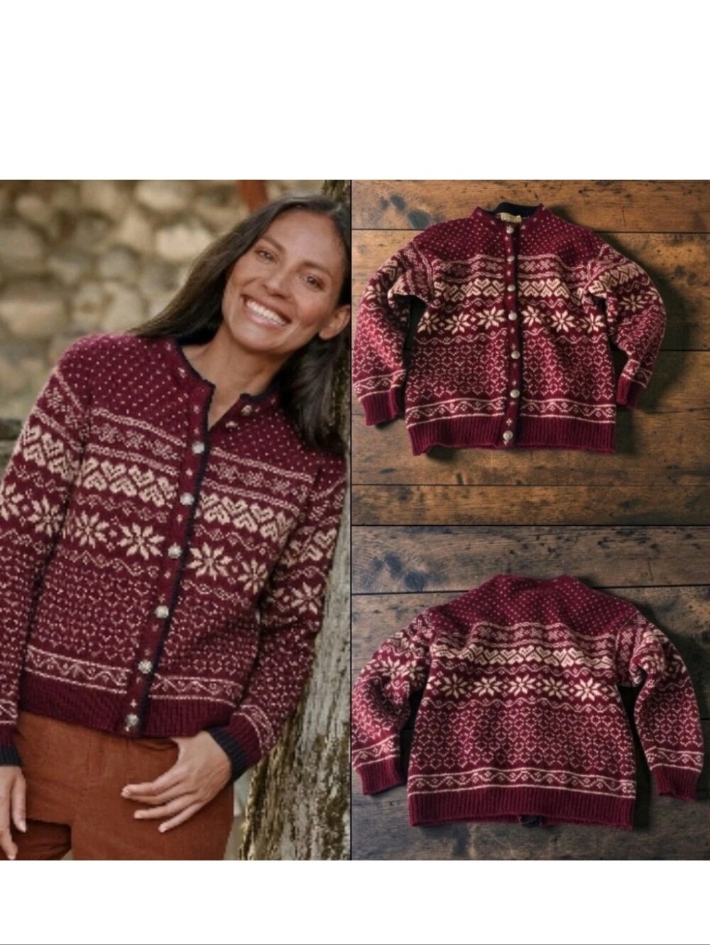 Vtg 80's L.L. Bean Fair Isle Wool Cardigan Sweater USA Ornate Metal Buttons! L